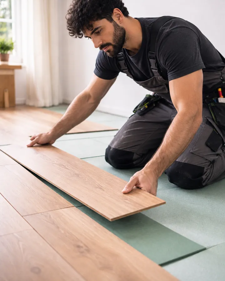 Bodenleger verlegt Laminat in einem hellen Raum