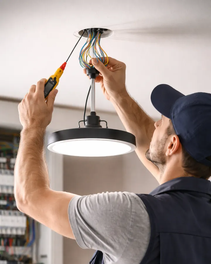 Elektriker montiert eine Deckenleuchte in einer Wohnung