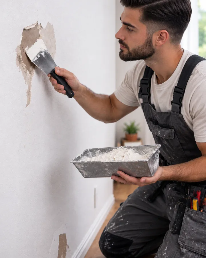 Handwerker spachtelt ein Loch in einer Wand zu