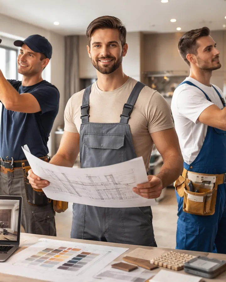 Mehrere Handwerker besprechen gemeinsam einen Plan zur Raumgestaltung