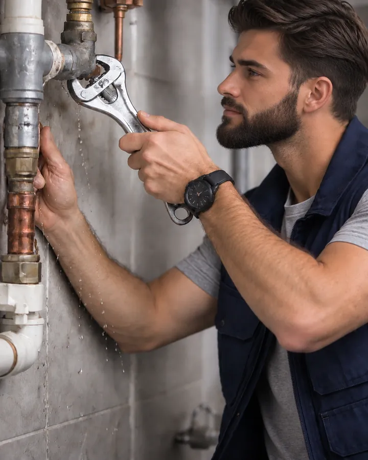 Klempner arbeitet mit einer Rohrzange an einer Wasserleitung
