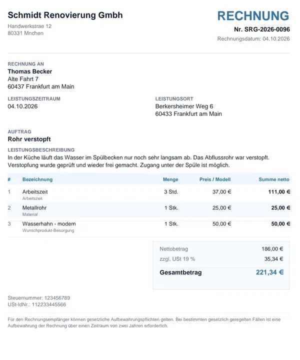 Beispiel einer mit CleverFix erstellten Handwerker-Rechnung als PDF mit Rechnungsempfänger, Positionen und Gesamtbetrag