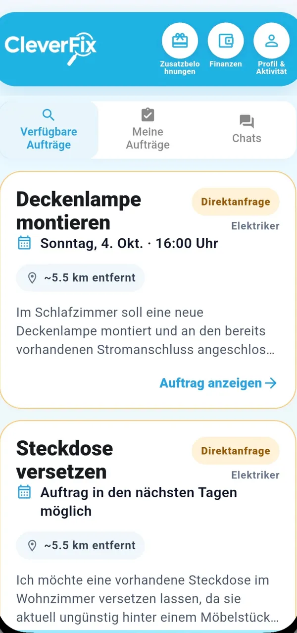Verfügbare Aufträge in der CleverFix Profi App: Direktanfragen wie „Deckenlampe montieren“ und „Steckdose versetzen“ mit Termin und Entfernung