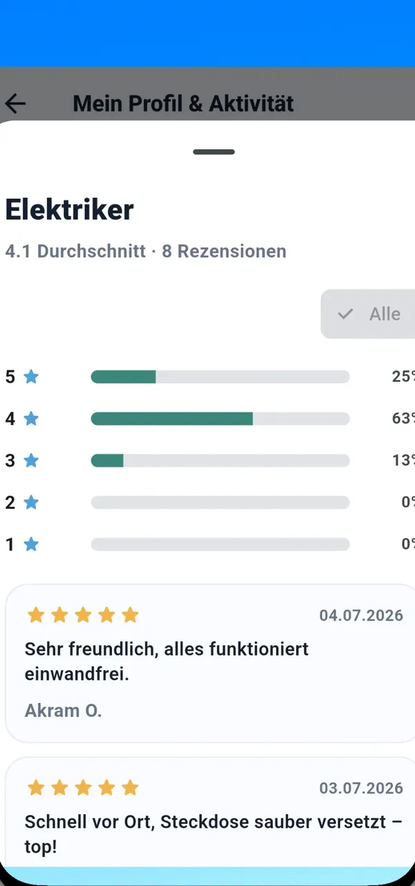 Bewertungsübersicht eines Elektrikers in CleverFix Profi mit Sterneverteilung und Rezensionen wie „Sehr freundlich, alles funktioniert einwandfrei“