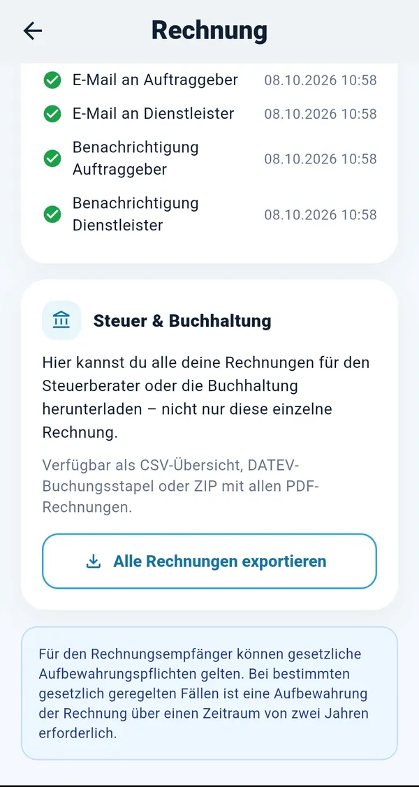Bereich Steuer & Buchhaltung in CleverFix Profi mit Versandstatus der E-Mails an Auftraggeber und Dienstleister und der Schaltfläche „Alle Rechnungen exportieren“