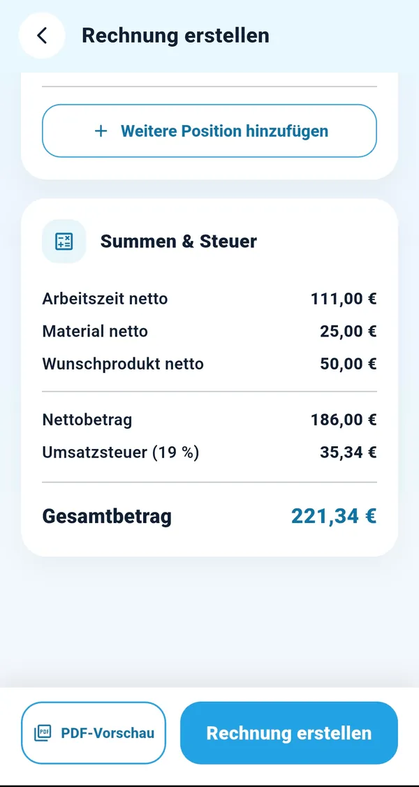 Rechnung erstellen in CleverFix Profi: Summen mit Arbeitszeit, Material und Wunschprodukt, Umsatzsteuer und Gesamtbetrag sowie PDF-Vorschau