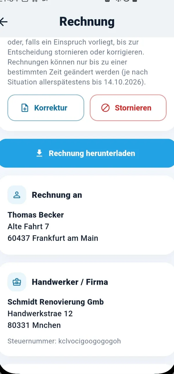 Rechnung verwalten in CleverFix: Hinweise zu Korrektur und Stornierung sowie Schaltfläche „Rechnung herunterladen“